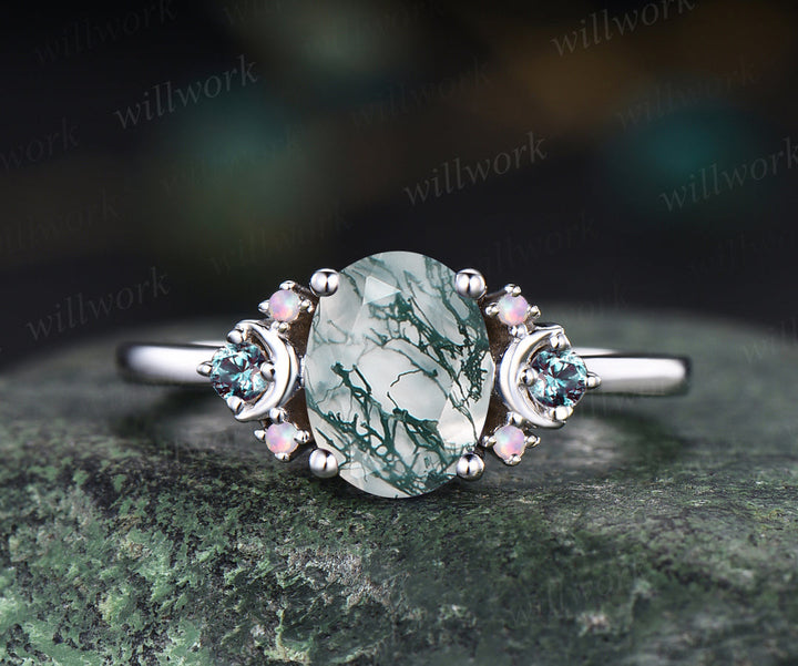 READY TO SHIP : Oval Moss Agate Engagement Ring - Sterling Silver - Ring Size: 5.5 US