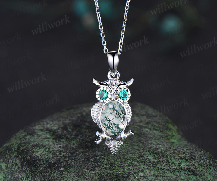 Unique Owl Moss Agate Necklace Personalized Pendant Necklace 14k 18k White Gold Emerald Pendant Night Owl Animal Inspired Promise Gift