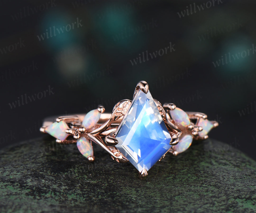 Unique kite cut natural moonstone engagement ring leaf cluster opal ring 14k rose gold antique promise wedding ring women jewelry