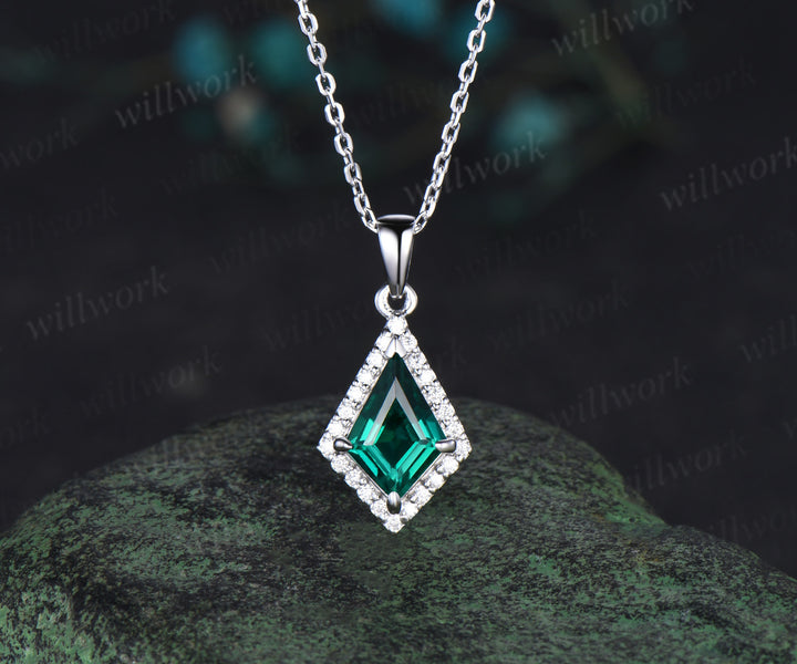 Vintage kite green emerald necklace solid 14k 18k rose gold halo diamond pendant dainty unique bridal anniversary gift for women mother