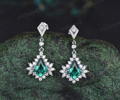 Vintage kite cut emerald drop earrings marquise moissanite halo dangel earrings May birthstone jewelry gifts for women