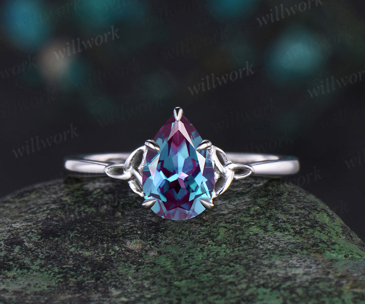 Unique pear shaped alexandrite engagement ring set rose gold silver Celtic Knot Norse Viking ring band vintage moissanite wedding ring set