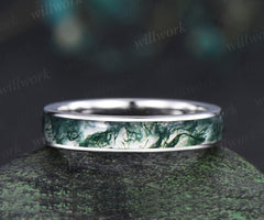 Full eternity natural moss agate wedding ring mens solid 14k 18k white gold unique wedding bridal ring women