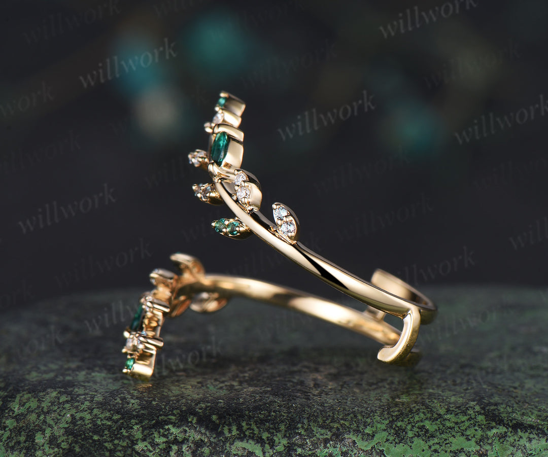 Emerald alexandrite leaf wedding band enhancer wraps solid 14k yellow gold cluster double open gap diamond ring women art deco anniversary gift