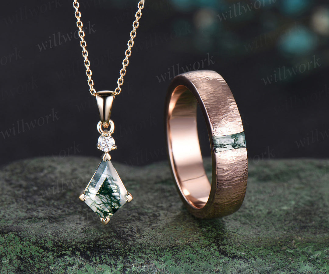 Enchanting Moss Agate Kite Pendant & Masculine Baguette Ring 14K rose gold  jewelry set Valentine's Day Exclusive Gift for Lovers