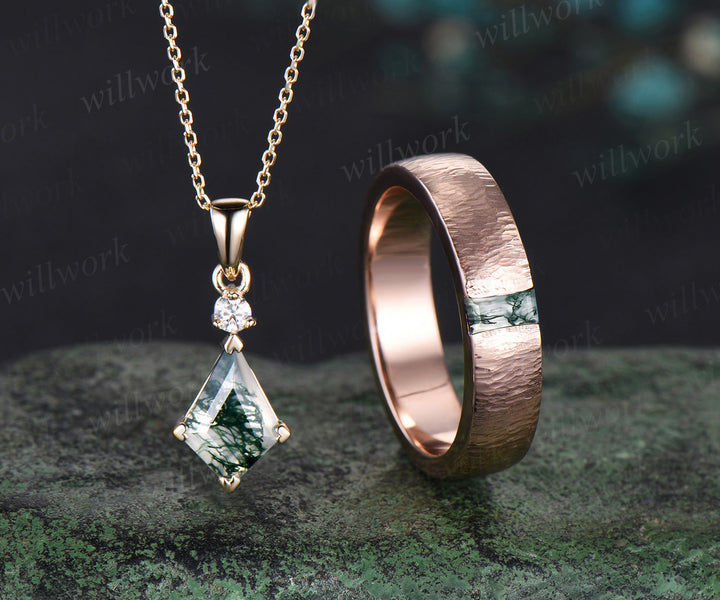Enchanting Moss Agate Kite Pendant & Masculine Baguette Ring 14K rose gold  jewelry set Valentine's Day Exclusive Gift for Lovers