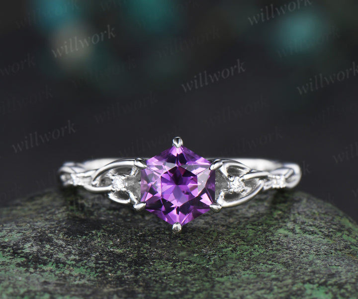 Hexagon amethyst ring vintage white gold Celtic knot princess cut amethyst ring women five stone unique engagement ring jewelry gift