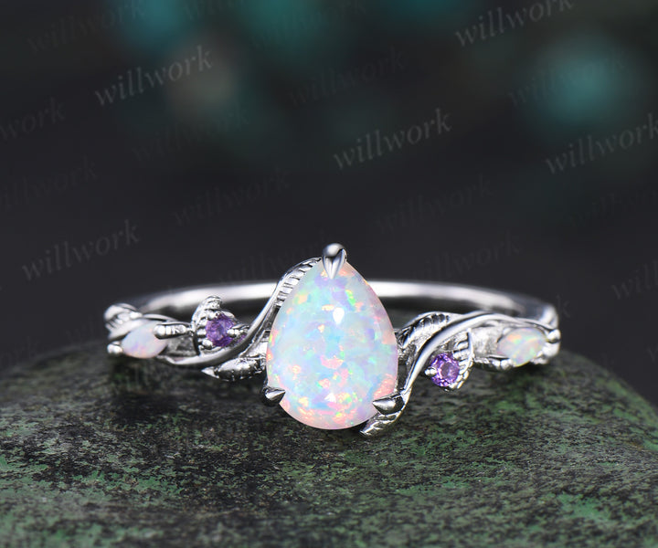 Nature Inspired opal Bridal Set 14k white gold Unique Twig Vine Teardrop opal Engagement Ring Ring Set ameethyst ring owmen