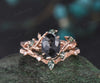 Vintage oval cut salt and pepper diamond engagement ring art deco cluster leaf nature inspired bridal promise wedding ring set women