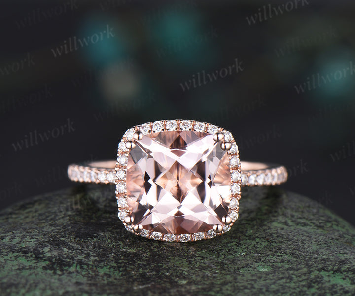 Cushion Cut Morganite Engagement Ring Set halo half eternity diamond wedding ring set rose gold art deco Milgrain bridal set jewelry