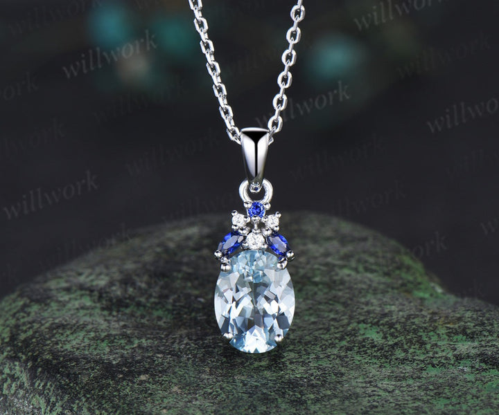 Oval cut natural aquamarine necklace solid 14k white gold cluster sapphire Pendant For Women Anniversary Gifts