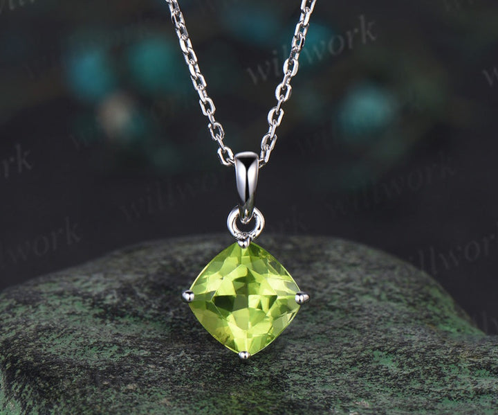 Dainty cushion cut peridot Necklace solid 14k white gold square cut Solitaire Pendant Minimalist anniversary gift August birthstone