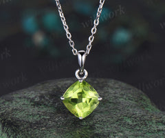Dainty cushion cut peridot Necklace solid 14k white gold square cut Solitaire Pendant Minimalist anniversary gift August birthstone
