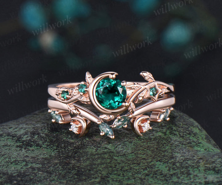 Vintage round cut green emerald engagement ring rose gold leaf star moon moss agate bridal anniversary ring set women jewelry