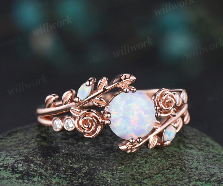 Round cut white opal engagement ring 14k rose gold leaf floral bezel diamond ring vintage split shank 8 prong wedding ring women