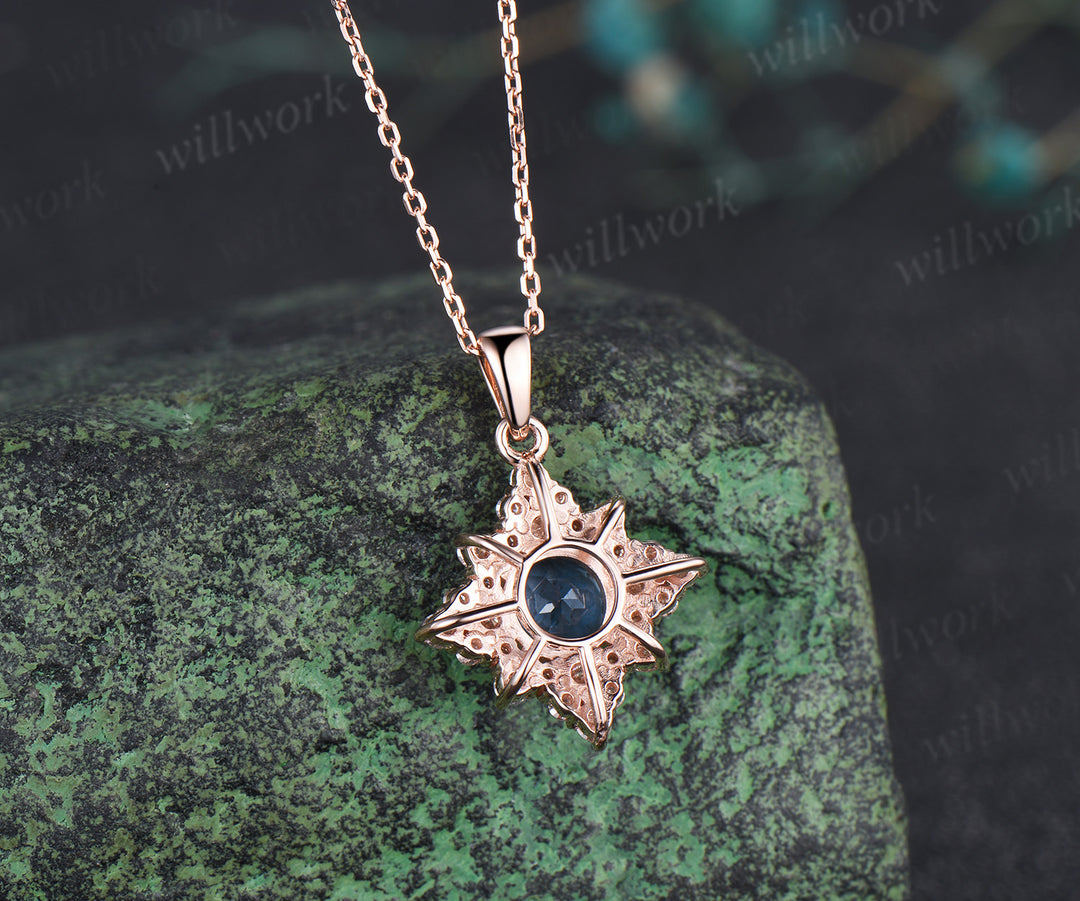 Dainty Round Cut Natural London Blue Topaz Necklace 14k Rose Gold Moissanite Halo Cluster Pendant Minimalist December Birthstone Necklace