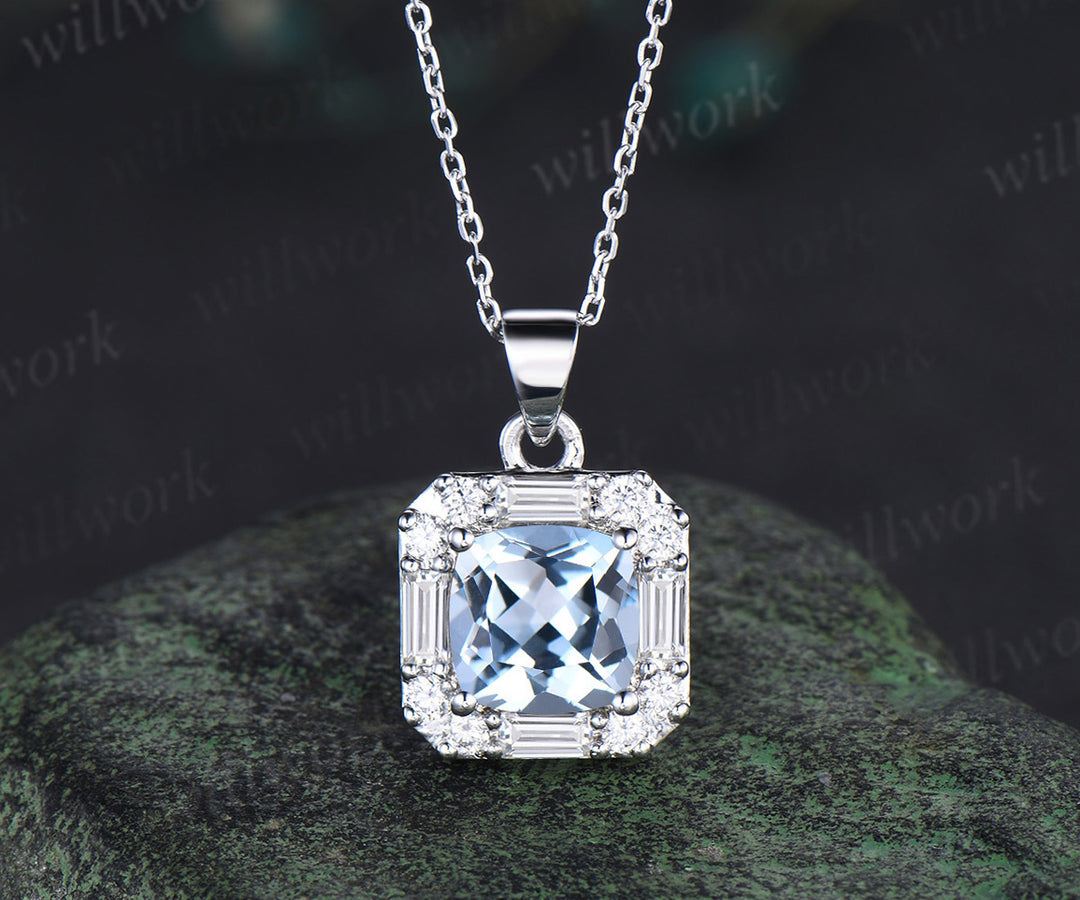 2ct Cushion Cut Natural Aquamarine Moissanite Pendant Necklace Women Solid 14K/18K white Gold Blue Gemstone Pendant Birthday Gift