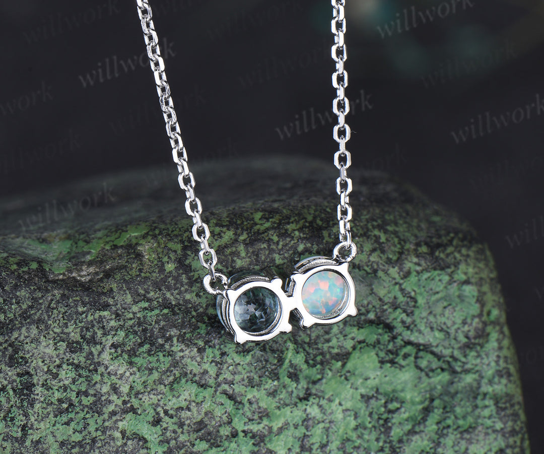 Two stone round cut opal aquamarine Necklace solid 14k 18k white gold Pendant dainty gift