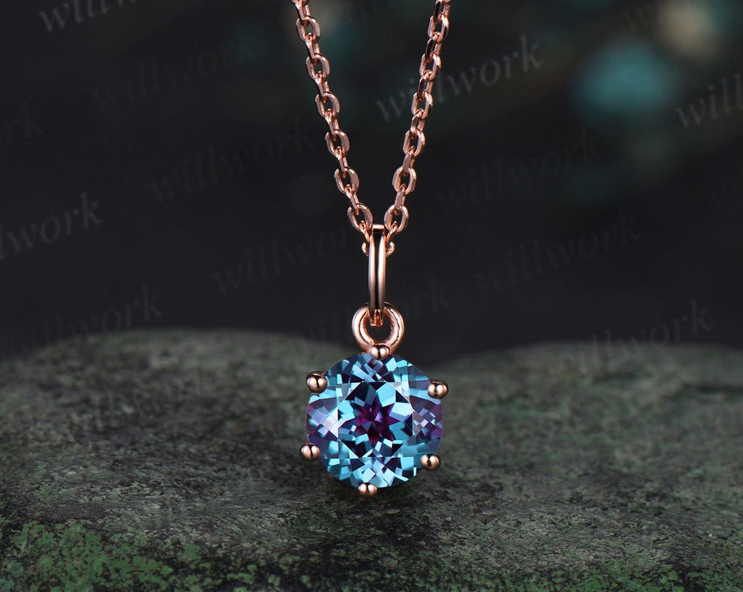 Round Cut Alexandrite Necklace Solid 14k 18k Rose Gold Vintage Unique Personalized 6 Prong Pendant For Women Her Gemstone Anniversary Bridal Gift Mother