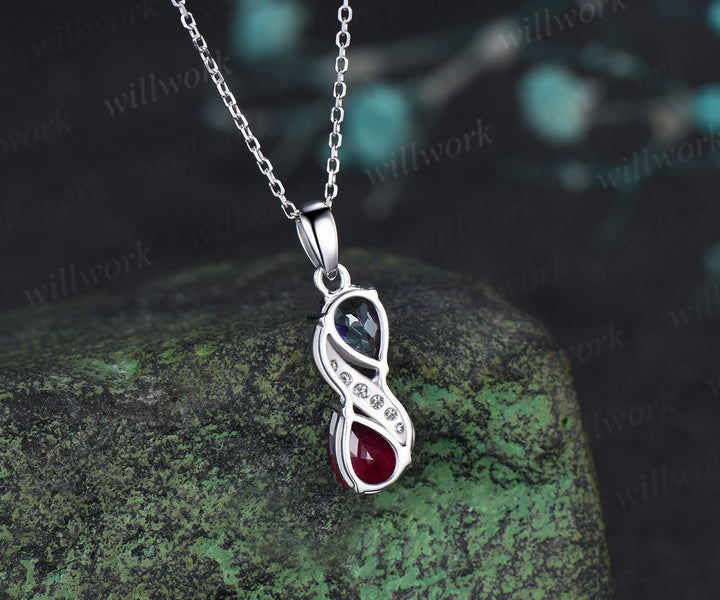 Pear Alexandrite Ruby Two Birthstone Stone Necklace Toi et Moi Pendant Moissanite Accents Infinity Necklace