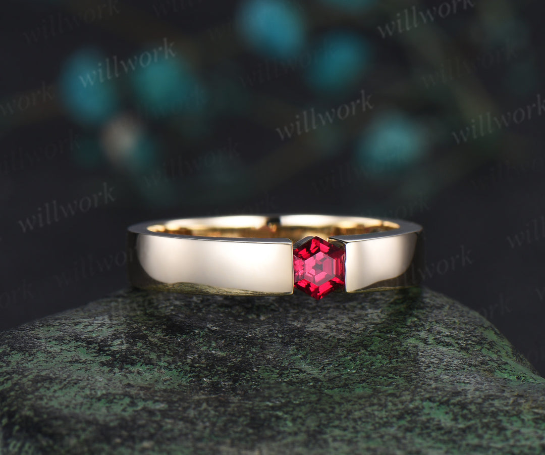 Men Ruby Rings 14K Solid Rose Gold Polish Band Male 4mm Hexagon cut red ruby Band Tension Set Ring Men Gemstone Promise Wedding Band