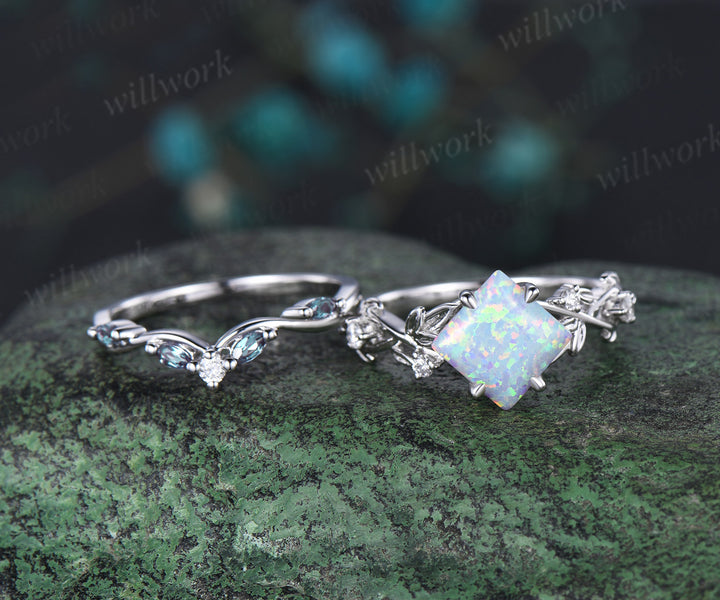 Princess white opal engagement ring set 14k rose gold five stone leaf branch Nature inspired alexandrite diamond bridal ring set women gift
