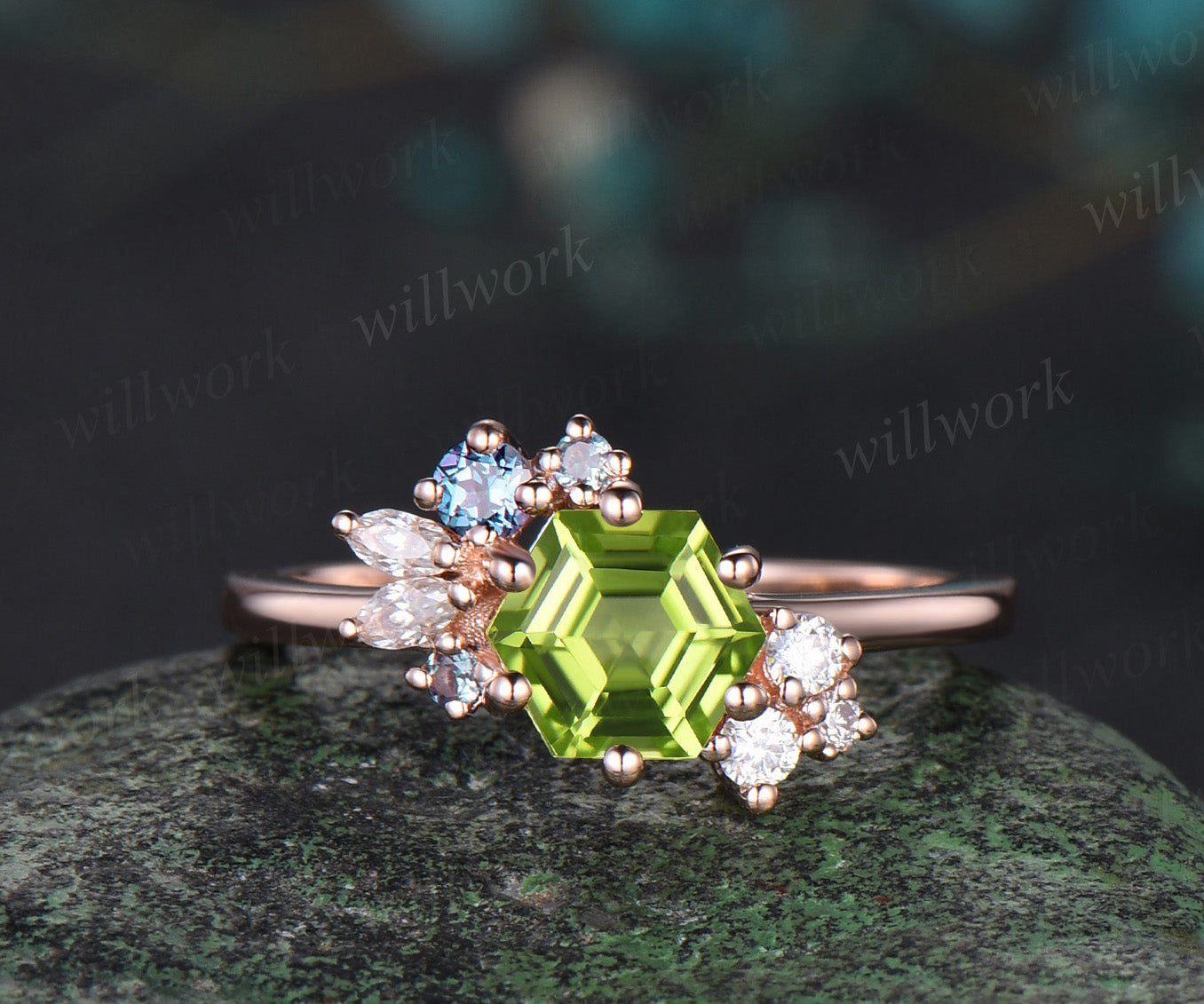 Hexagon cut natural peridot ring rose gold unique cluster