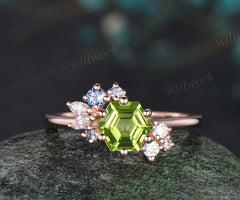 Hexagon cut natural peridot ring rose gold unique cluster engagement ring 6 prong alexandrite diamond anniversary ring jewelry