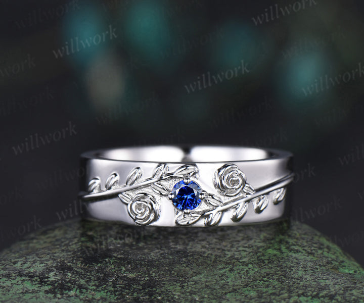 Round blue sapphire mens wedding band solid 14k white gold leaf floral wedding ring unique anniversary ring gift nature inspired Engagement Ring