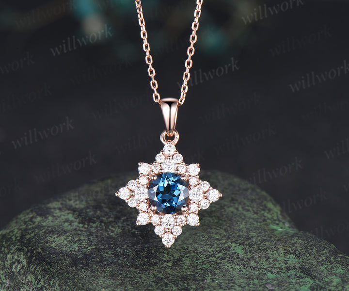 Dainty Round Cut Natural London Blue Topaz Necklace 14k Rose Gold Moissanite Halo Cluster Pendant Minimalist December Birthstone Necklace