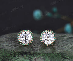WillWork Jewelry Moissanite Round Cut Earrings Vintage halo Earrings emerald around Promise Earrings