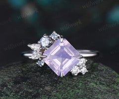 Unique Asscher cut lavender amethyst engagement ring alexandrite diamond cluster proposal ring crystal wedding ring for women