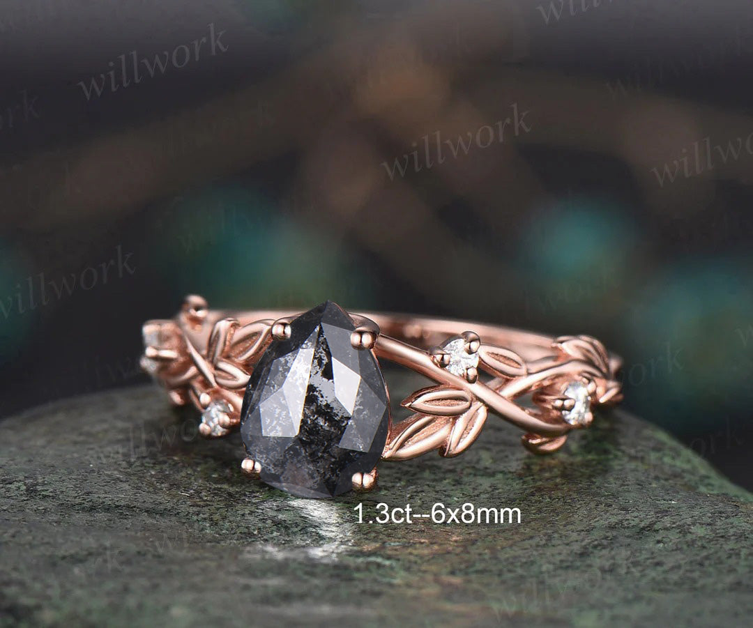 Twig Pear Salt and Pepper Diamond Engagement Ring Set Nature Inspired Leaf Aniversary Ring for Women