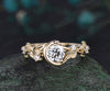 Vintage round cut Lab grown diamond engagement ring solid 14k 18k yellow gold Moon leaf star promise wedding ring women jewelry