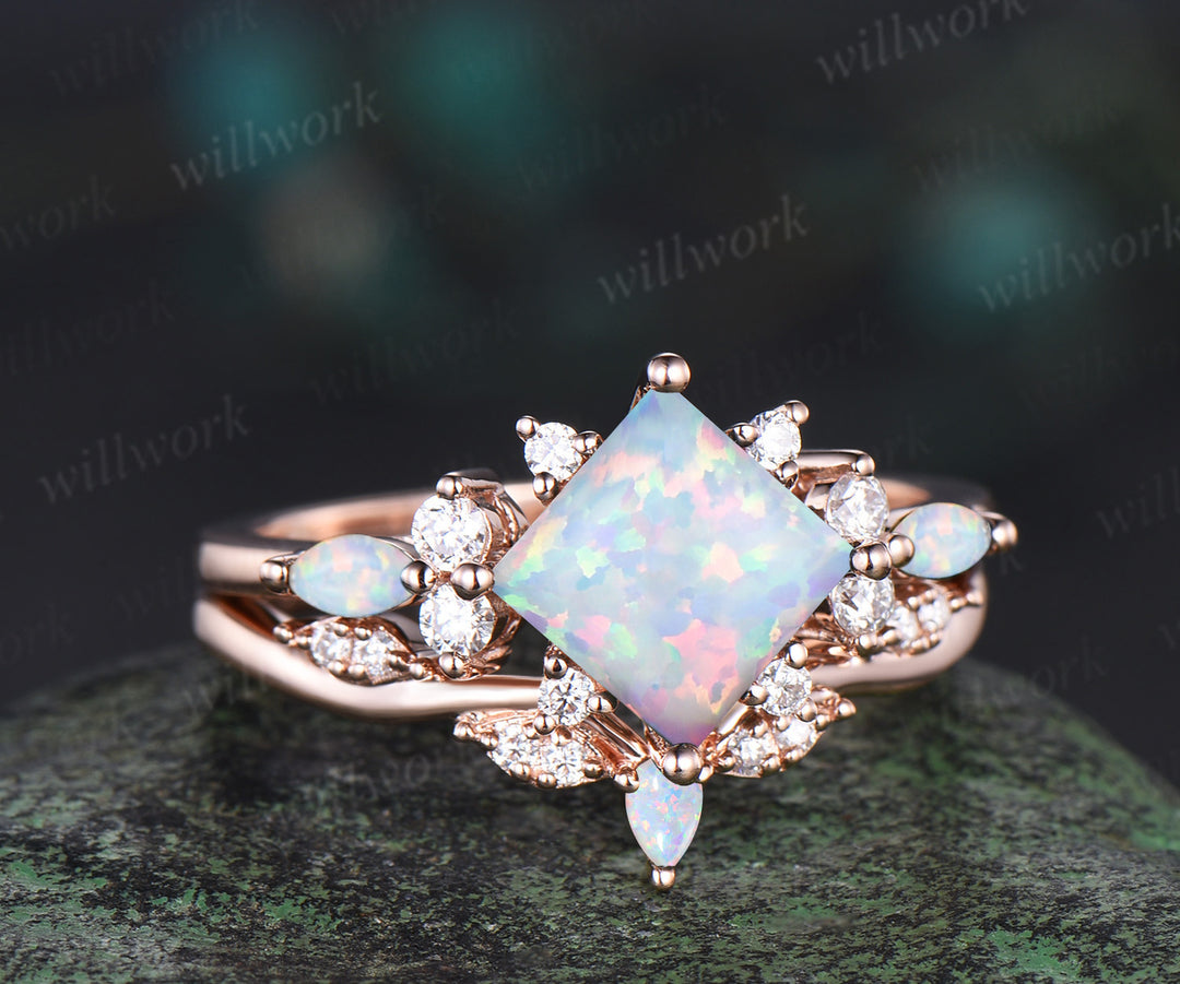 Square white opal engagement ring set cluster diamond rose gold ring women stacking promise wedding ring set