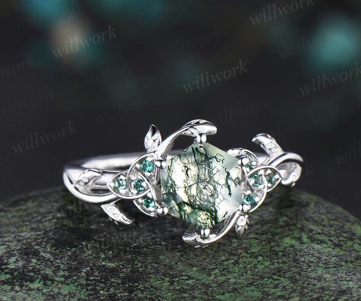 Hexagon cut Natural moss agate Celtic knot engagement ring white gold emerald leaf ring women anniversary gifts