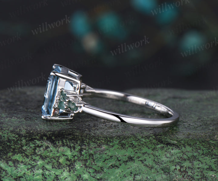 Unique 4CT Emerald Cut Aquamarine Engagement Ring Retro Cluster Baguette Moss Agate white gold Wedding Ring Vintage Anniversary Gift Women