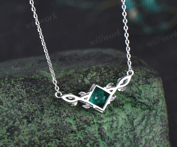 Princess cut emerald leaf necklace 14k white gold Nature Inspired infinity Pendant women three stone anniversary gift