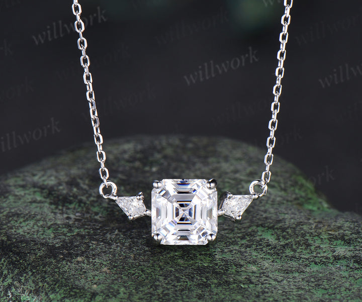 Delicate 2ct Asscher Cut Moissanite Engagement Necklace Unique 14k White Gold Three Stone Pendant Minimalist Moissanite Anniversary Necklace