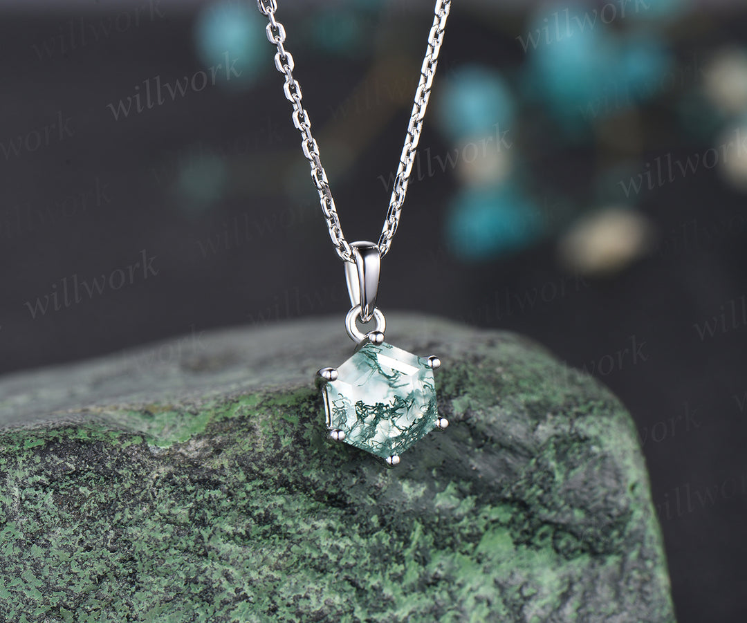Unique hexagon moss agate necklace minimalism moss agate pendant sterling silver rose gold necklace gifts for women