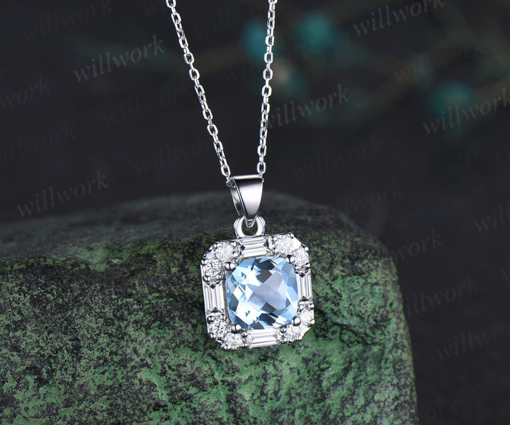 2ct Cushion Cut Natural Aquamarine Moissanite Pendant Necklace Women Solid 14K/18K white Gold Blue Gemstone Pendant Birthday Gift