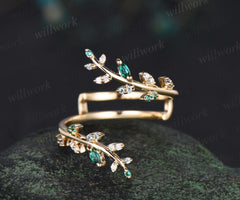 Emerald alexandrite leaf wedding band enhancer wraps solid 14k yellow gold cluster double open gap diamond ring women art deco anniversary gift
