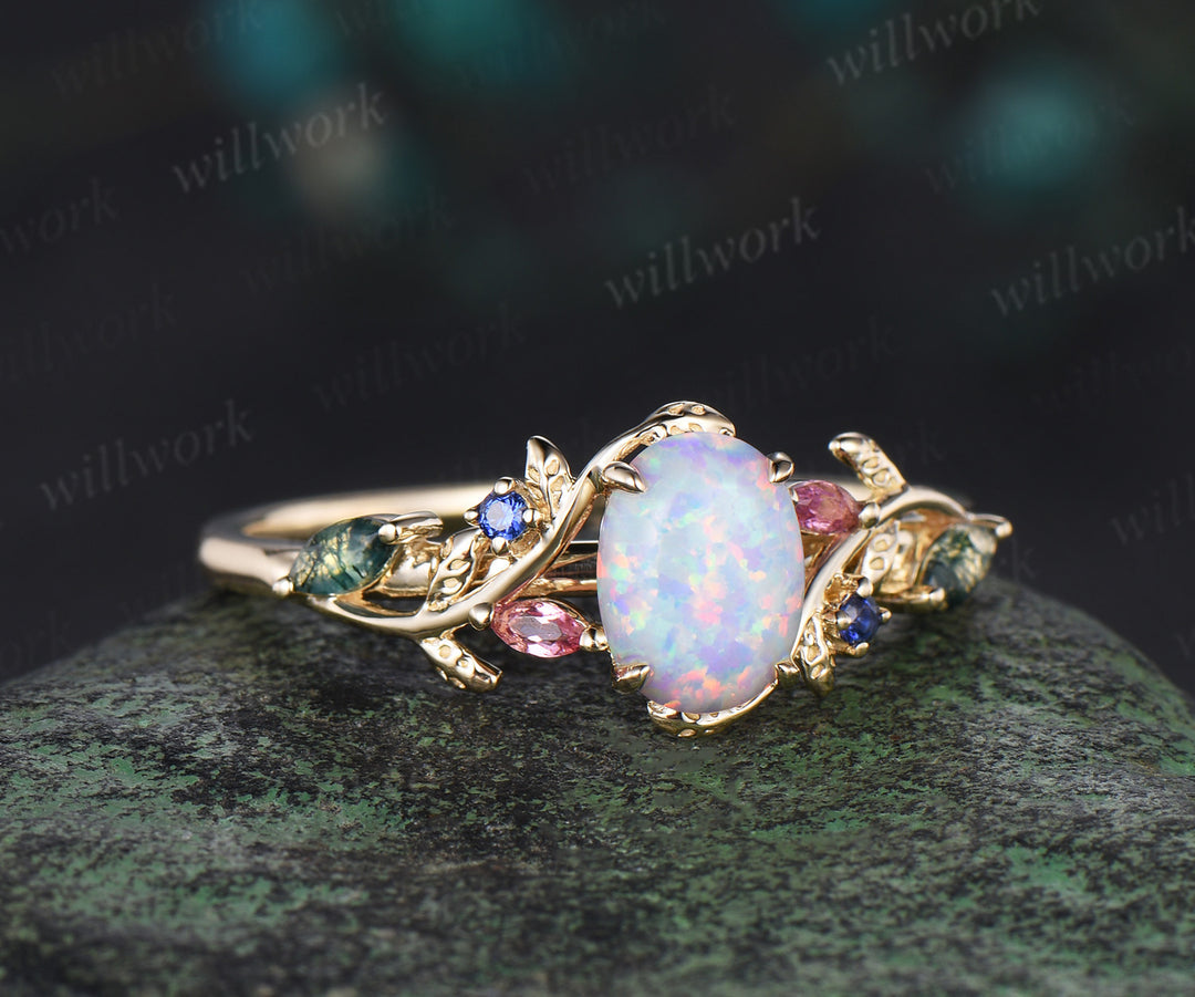 Oval white opal engagement ring yellow gold leaf branch moss agate sapphire Pink tourmaline ring vintage unique anniversary gift