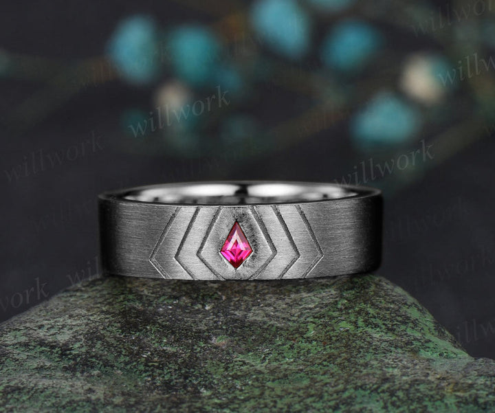 READY TO SHIP: Kite Red Ruby Men Engagement Ring -- Silver Black Plated -- Ring Size:9.5 US