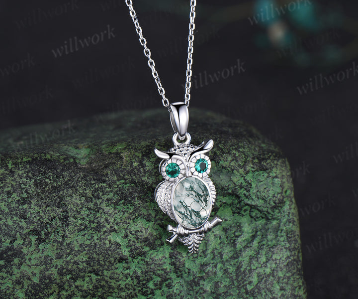 Unique Owl Moss Agate Necklace Personalized Pendant Necklace 14k 18k White Gold Emerald Pendant Night Owl Animal Inspired Promise Gift