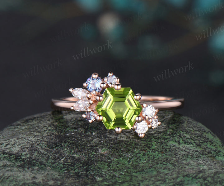 14k rose gold Hexagon Cut August Birthstone Natural Peridot Engagement Ring Goldfish Ring For Her