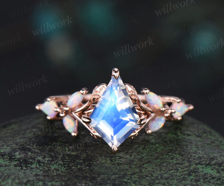 Unique kite cut natural moonstone engagement ring leaf cluster opal ring 14k rose gold antique promise wedding ring women jewelry