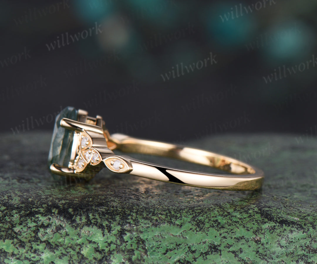 Oval cut moss agate ring yellow gold Celtic knot diamond ring marquise unique Engagement Ring women dainty promise ring