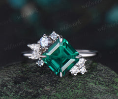Asscher cut emerald engagement ring alexandrite & diamond cluster unique proposal ring June birthstone promise ring for her
