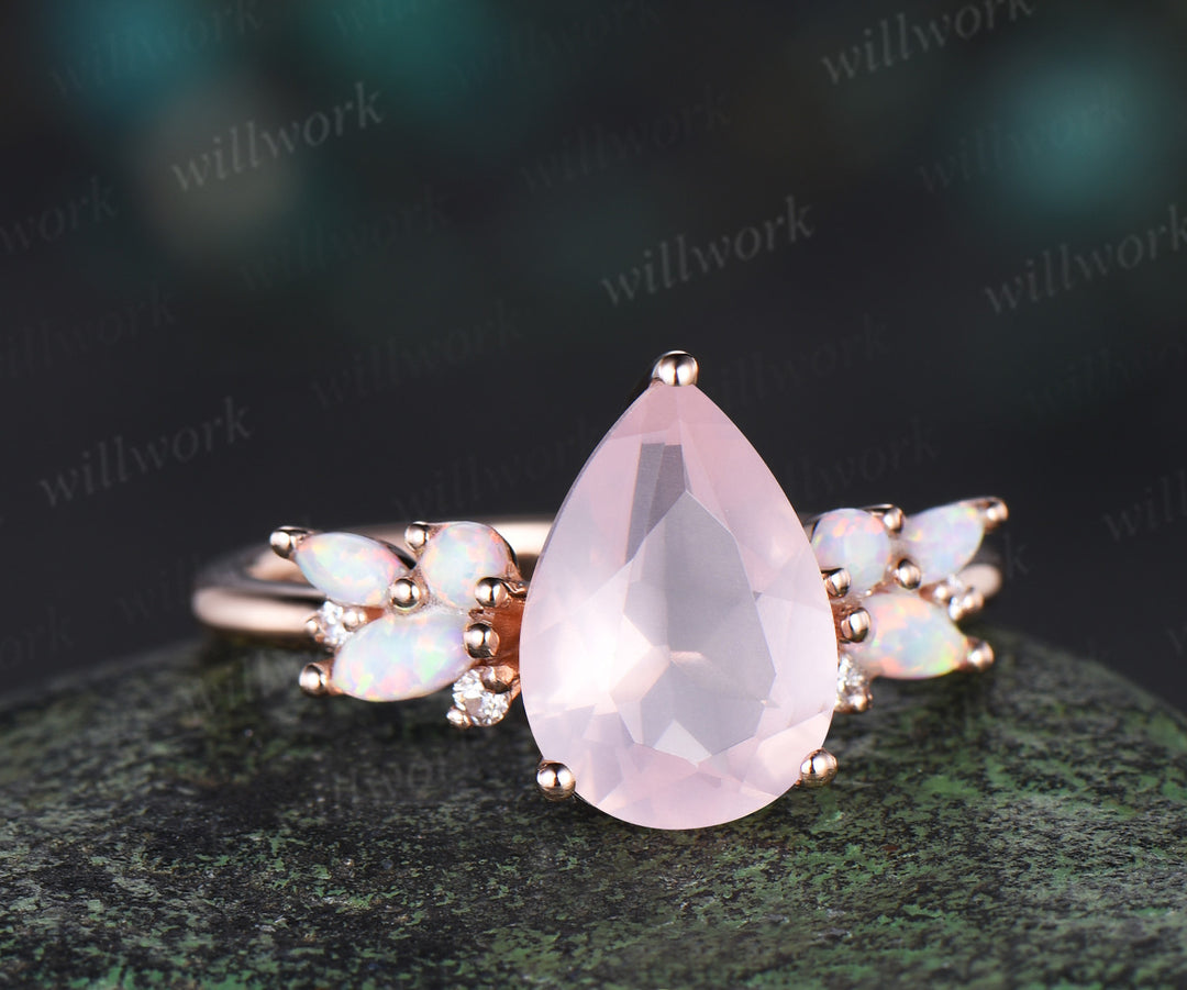 Pear shaped rose quartz engagement ring rose gold cluster opal ring women pink gemstone anniversary ring gift